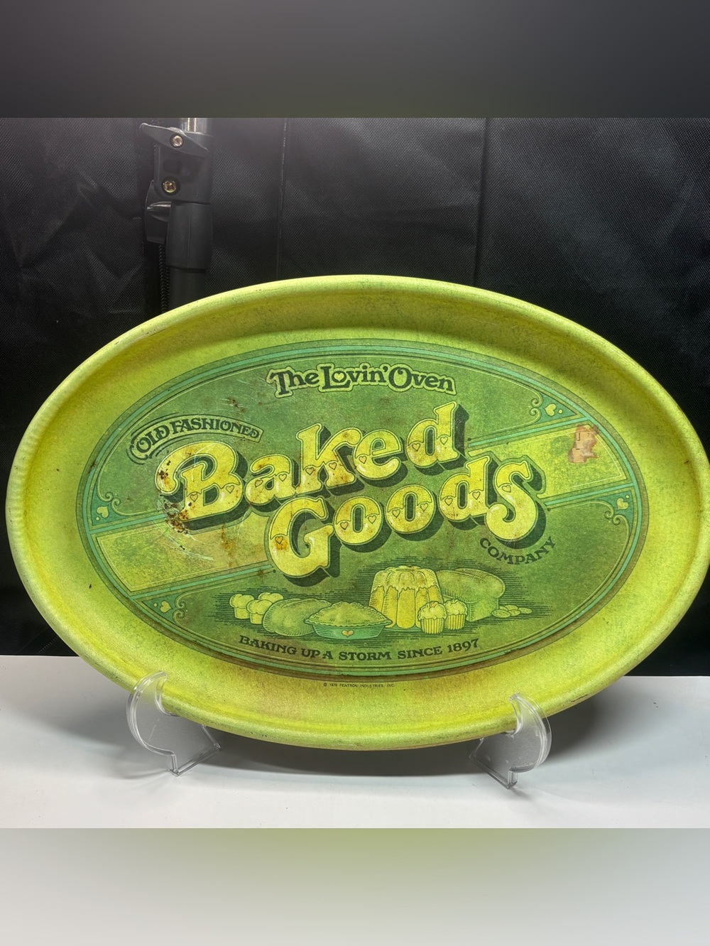 Vtg Pentron Serving Tray Green Metal 1979 Beverage Company Tin Grandma Core